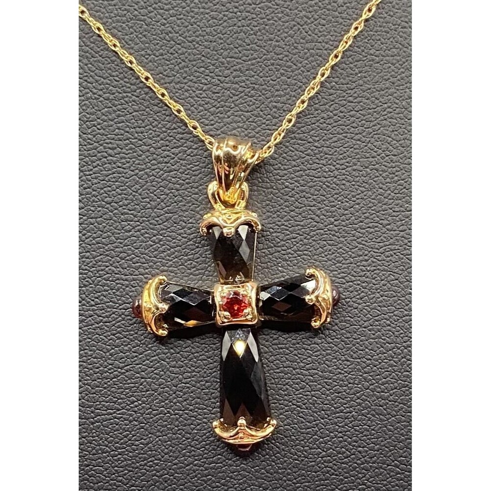 Sterling Silver 925 Cross Pendant Necklace Womens Smoky Quartz Red Stones 19"